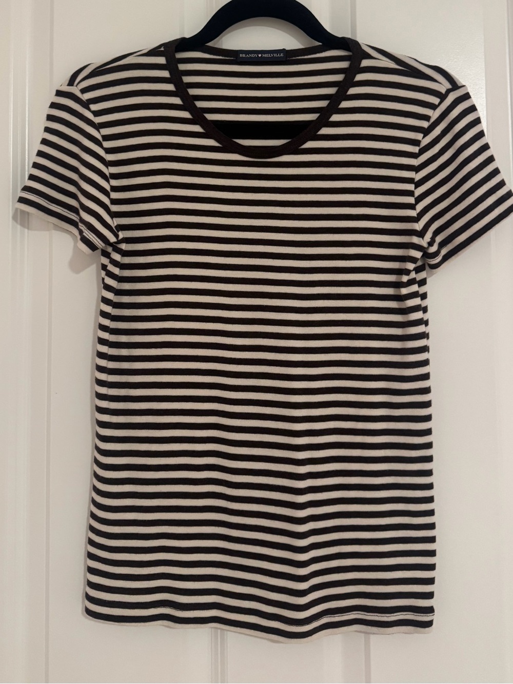Brandy Melville Brown and Cream Striped Short Sleeve Tee OS